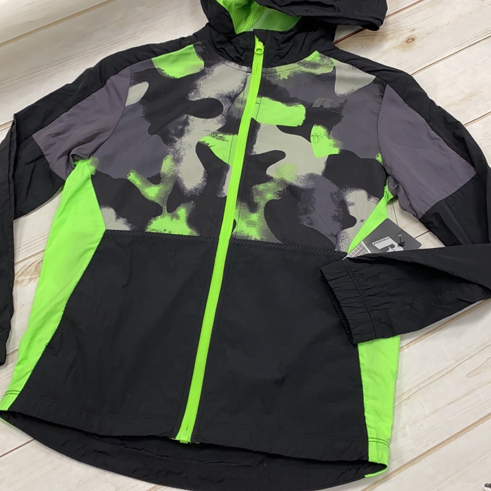 Russell hooded windbreaker jacket boys XXL (18) green blk camo new